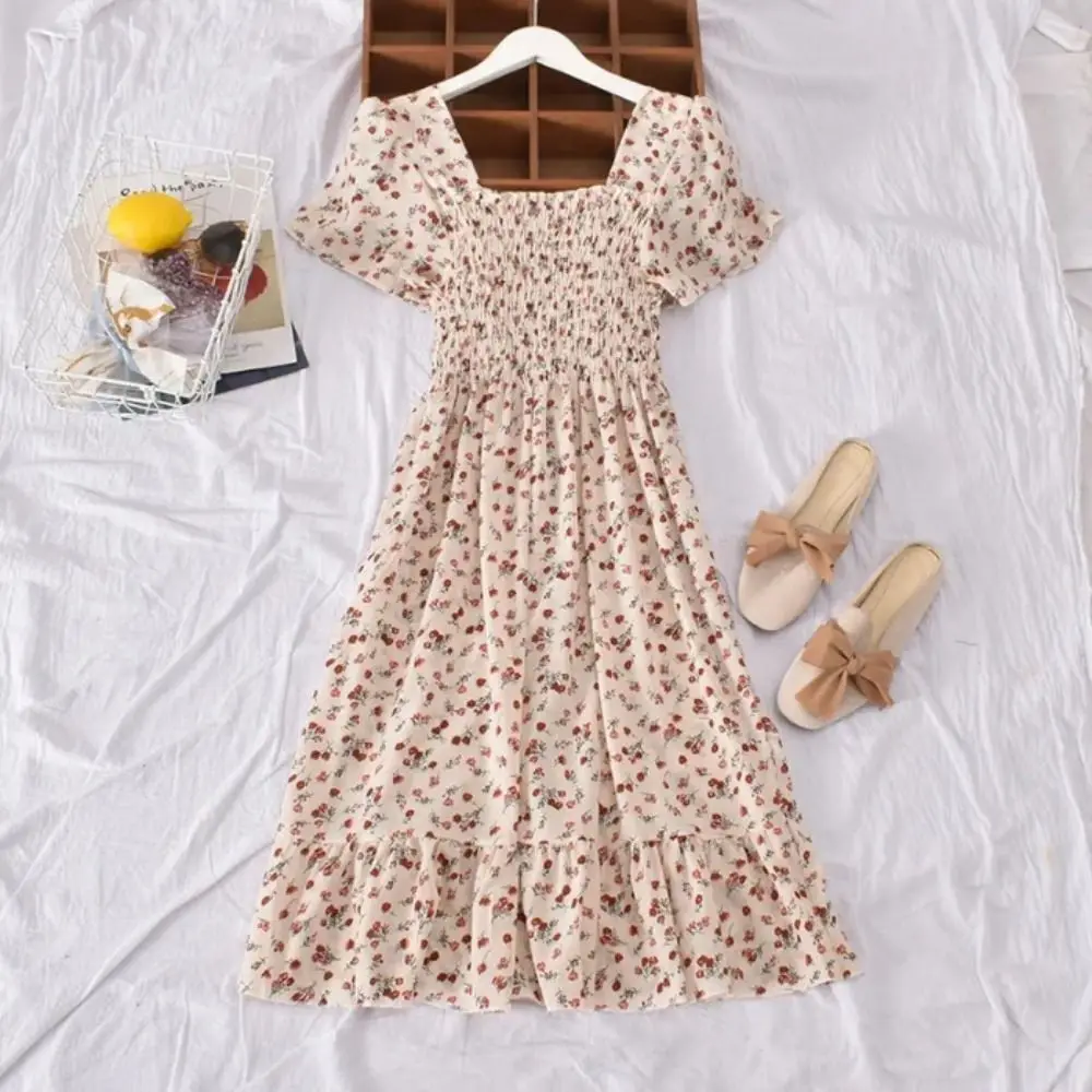 Korean Style Floral Print Floral Dress Women Square Neck Dress Short Sleeve Dress Elastic Flounce Dress for Women Summer