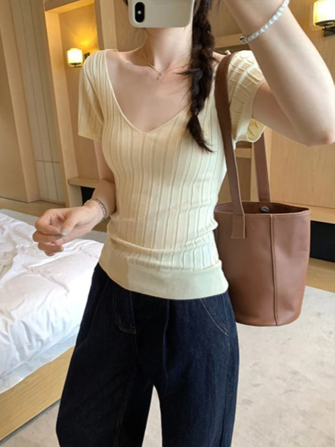 

Korean Style V-Neck Short Sleeve Knitted Sweater Slim Fit Striped Design Summer Fashion Sensation Versatile Soft Polyester