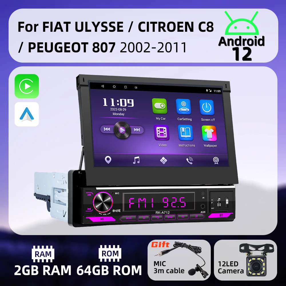 

Выдвижной экран 7 дюймов, 1 Din, Android радио для FIAT ULYSSE CITROEN C8 PEUGEOT 807 2002-2011 Carplay, Android, автомобильный мультимедийный плеер