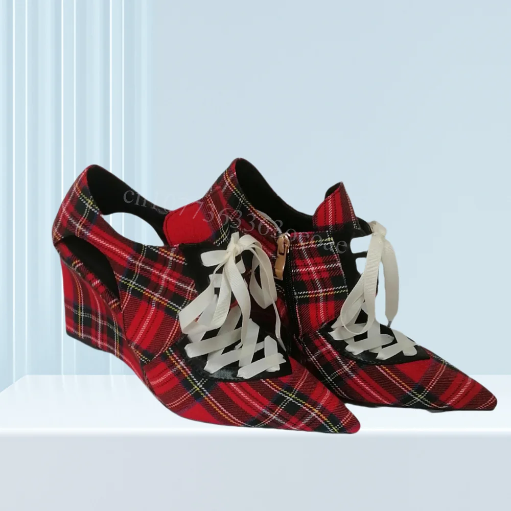 

Plaid Fabric Pointed Toe Pumps Cross Tied Hollow out Shoes for Women Wedge Heels Fashion Walking Shoe 2025 Zapatos Para Mujere