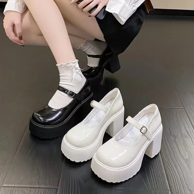 Wysokie obcasy Mary Janes buty jesień 2024 lakierki buty na obcasie kobieta Chunky platforma czółenka z paskiem na kostkę dla kobiet