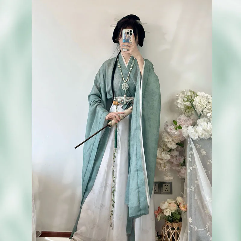 Hanfu wanita gaya Jin keren asli kerah lebar Dynasties utara dan selatan dewasa multilapis panjang pinggang lengan lebar