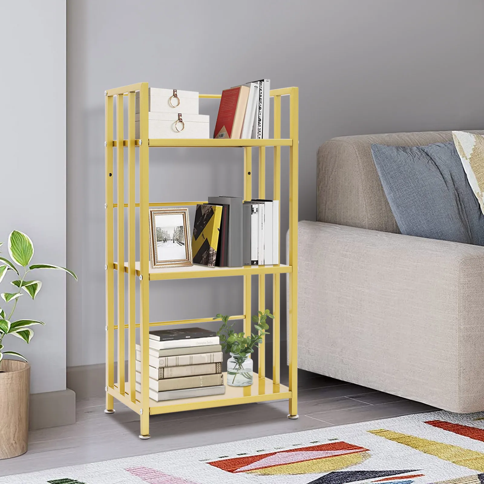 

(Gold) 3-Tier Floor Standing Display Bookshelf, Iron Bookshelf Display Rack, Open Shelf Bookcase for Home Office, 60*25*78.5 cm