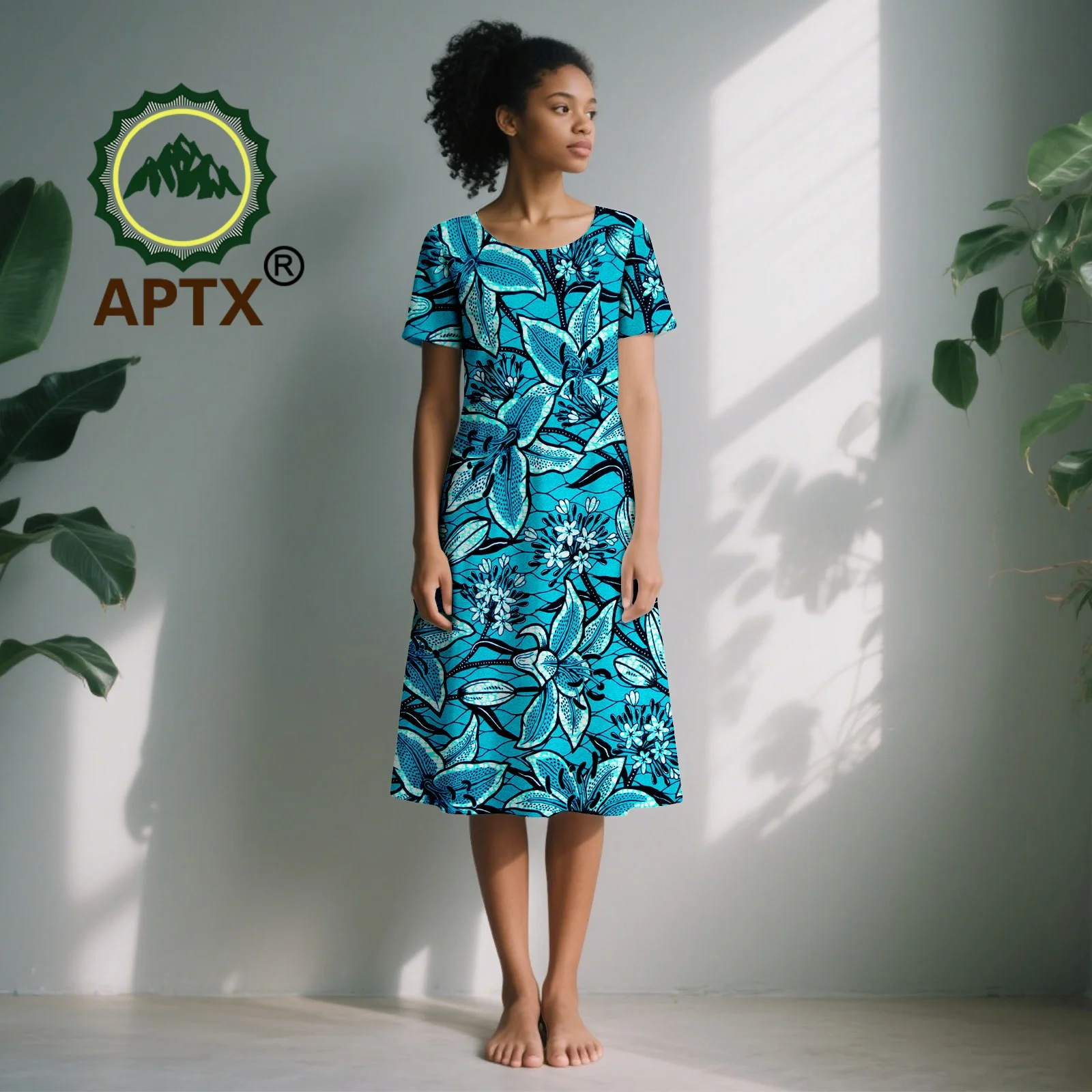 アフリカンドレス女性用アンカラプリントOネック半袖膝丈ドレスダシキエレガントファッションカジュアルパーティードレス