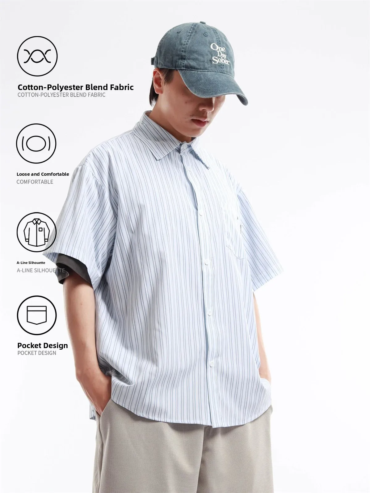 Casual Short Sleeve Shirt Men's Summer Vertical Stripes Island Vacation Loose Fit Polyester Cotton Blend Cool Feeling Thin Model