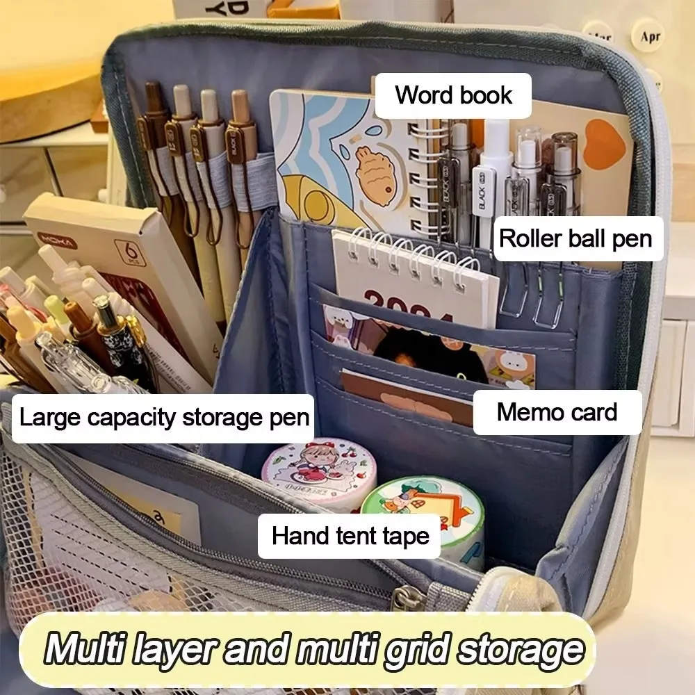 Multifunctional Large Capacity Pencil Case Standable Multi-layer Stationery Bag Oxford Cloth Simple Stationery Organizer School