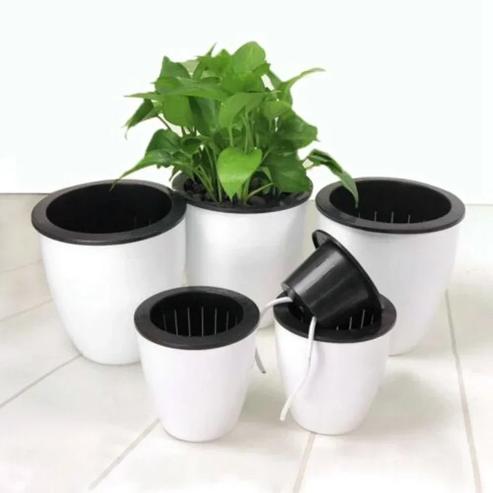 1PC Automatic Self Watering Round Plastic Plant Flower Pot Garden Decors Home Office Soil Planting Hydroponic Baskets Pots