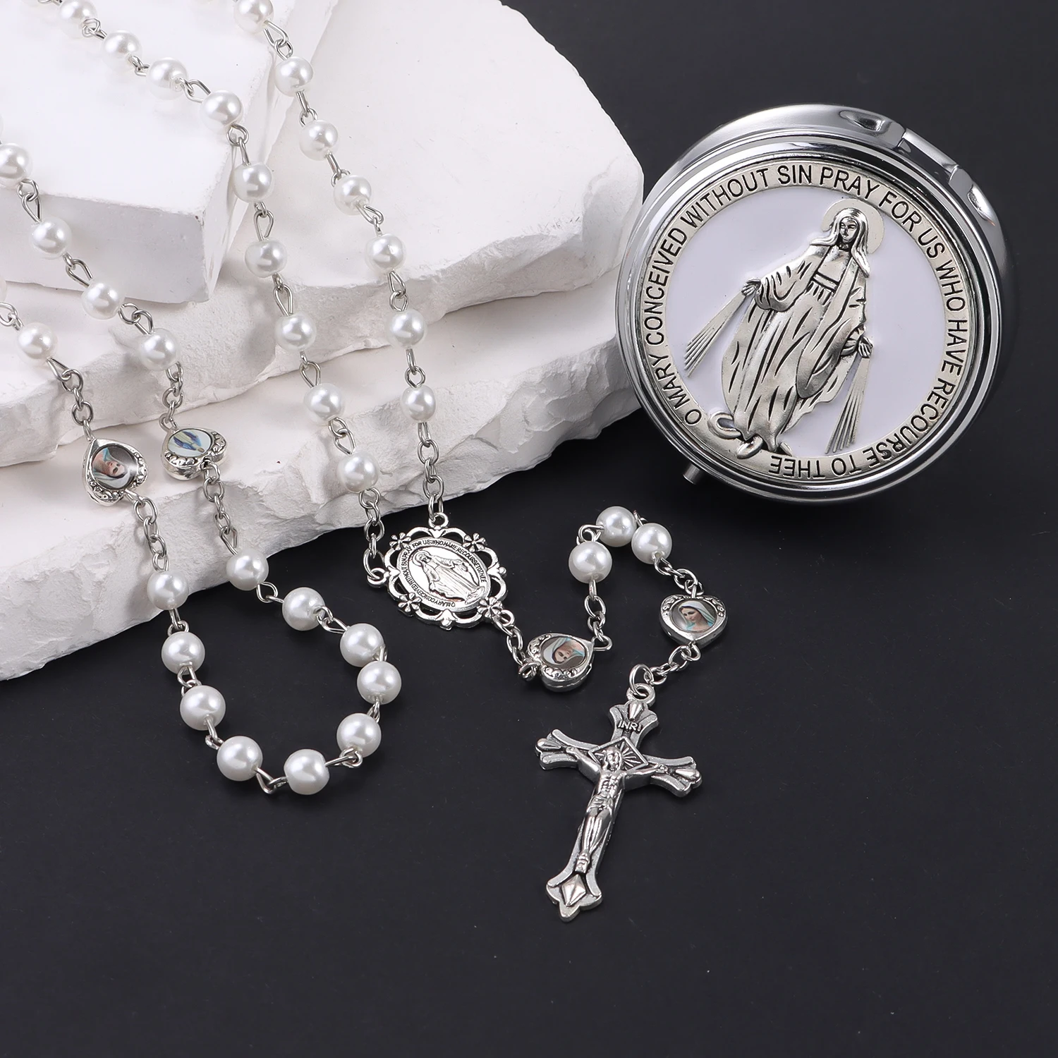 New Mirror Box Rosary Necklace Catholic Prayer Beads Necklace with Virgin Mary&St. Benedict Jewelry Box Recuerdos Religiosos