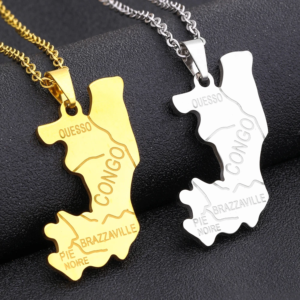 Africa Congo Brazzaville Map City Pendant Necklace Stainless Steel Gold Silver Color Men Women African Ethnic Jewelry Gifts