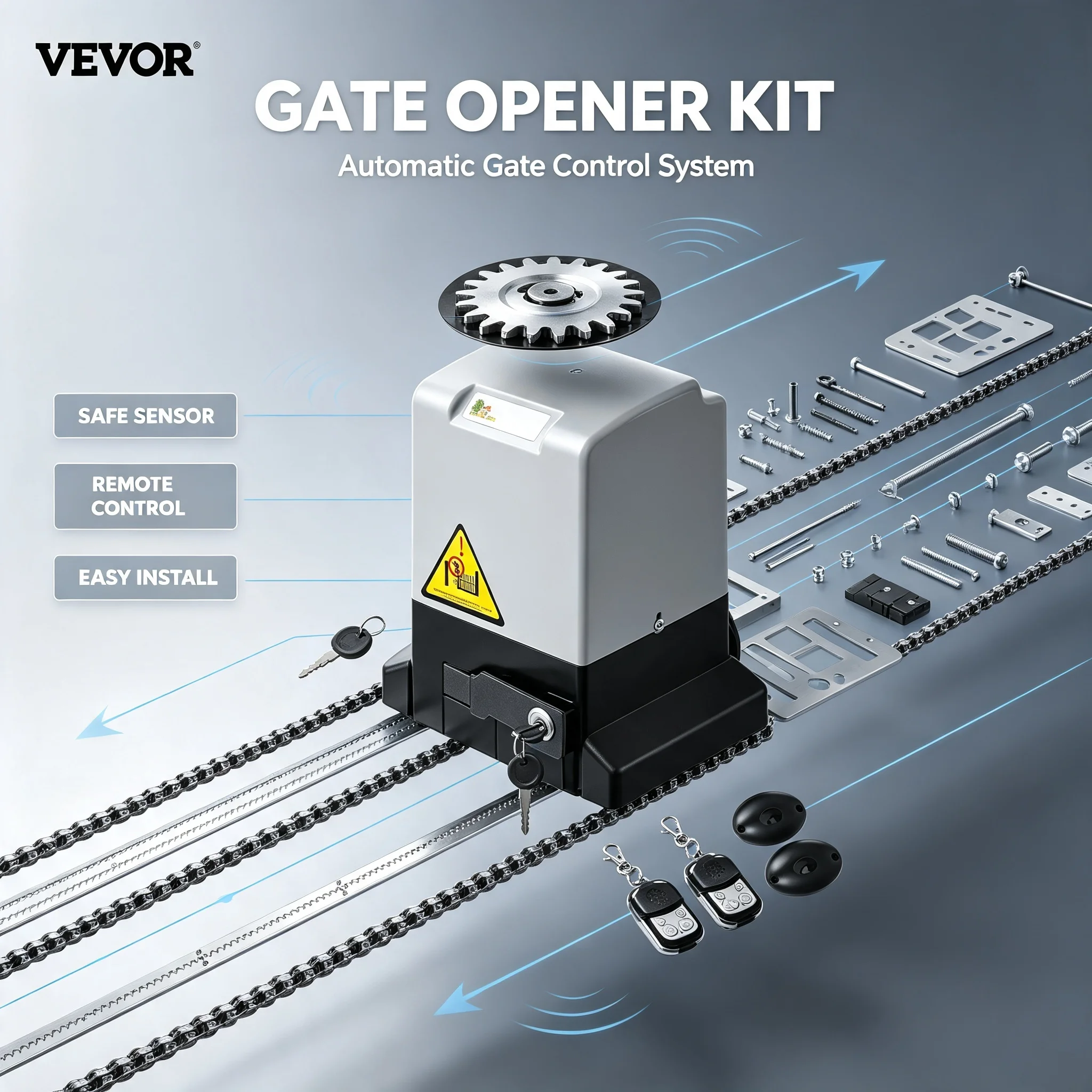 Moteur de porte coulissante automatique VEVOR, capacité de charge de 1300 livres, équipé de 4 m de rails et de deux clés, opérateur de portail pour utilisation dans les locaux commerciaux.