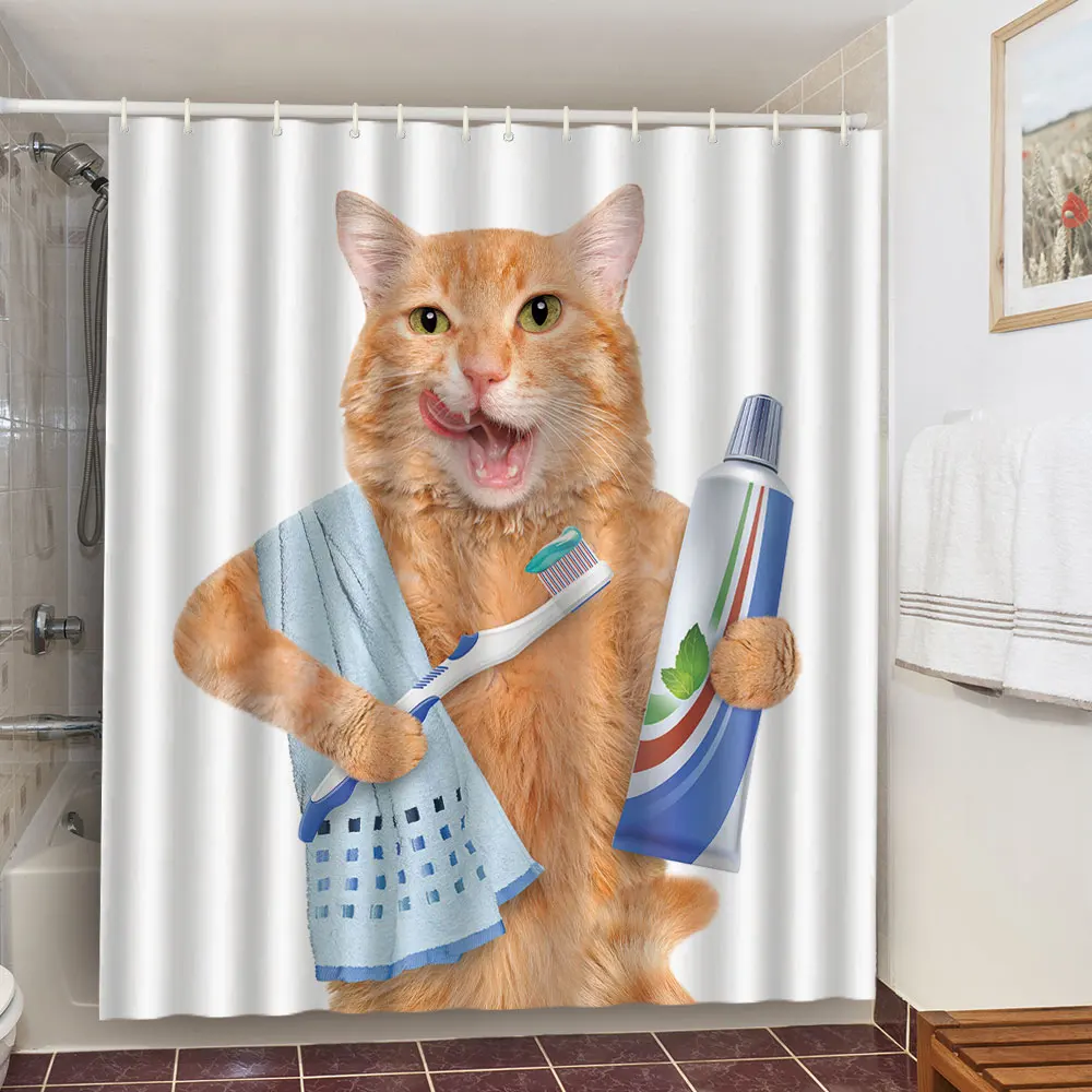 Funny Cute Cat Shower Curtain 3D Print Animal Landscape Bathroom Curtains Waterproof Polyester Fabric Home Background Decoration