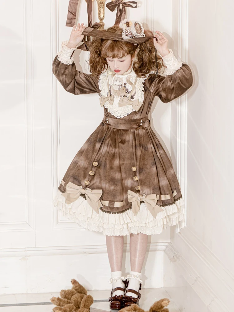 Original Chocolate Cat Lolita Cute Doll Collar Princess Dress Daily Sweet Girl Op Long Sleeved Dress Cute Girl Tea Party Dress