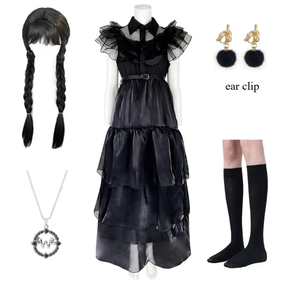 

Wednesday Addams Cosplay Dress for Girl Kids Movie Wednesday Cosplay Costumes Black Gothic Dresses Halloween Party Women Clothes