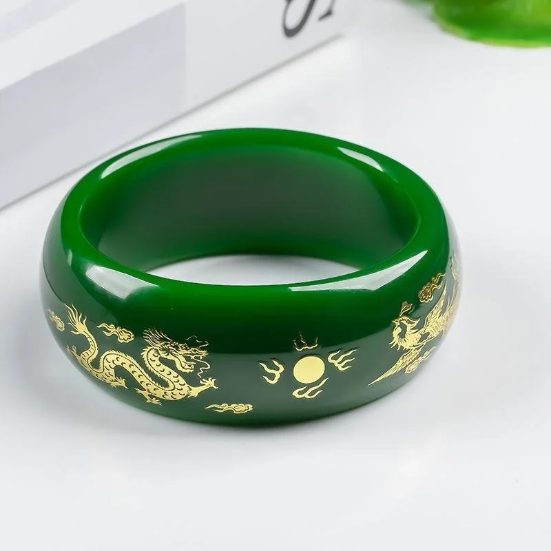 Xinjiang Hetian Jade Jasper Bracelet Longfeng Chengxiang Widens and Thickens Spinach Green Jade Bracelet