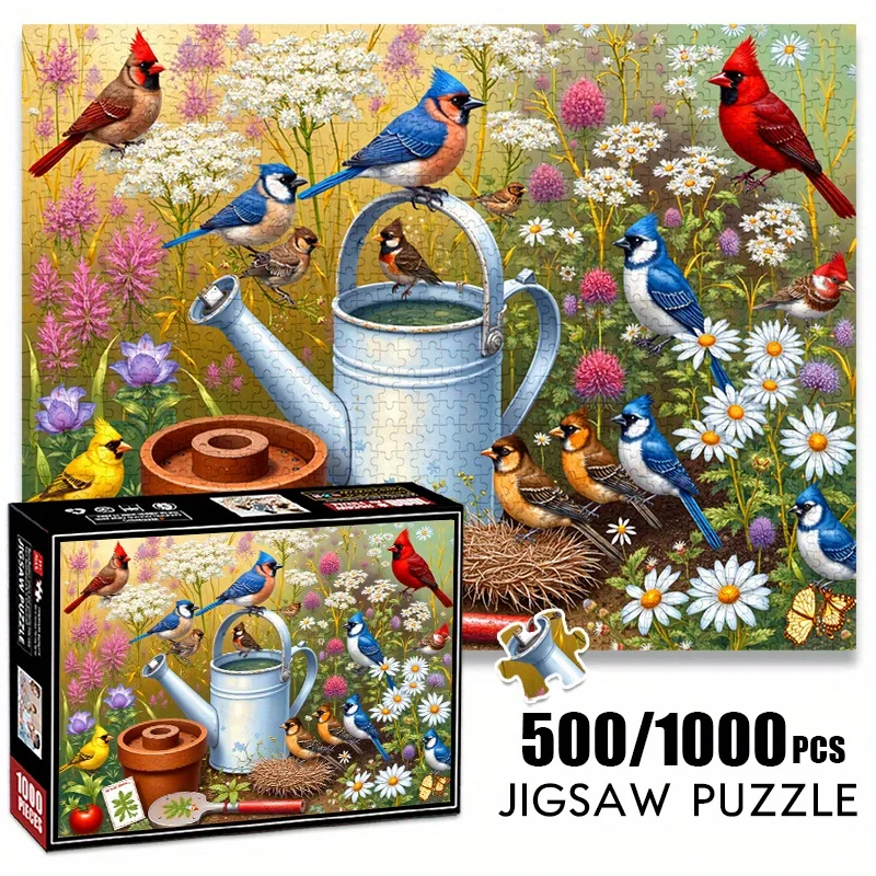Puzzle di carta da 500/1000 pezzi: paesaggio del giardino primaverile con uccelli colorati e attrezzi da giardinaggio - Grande puzzle giocattolo per adulti, famiglia