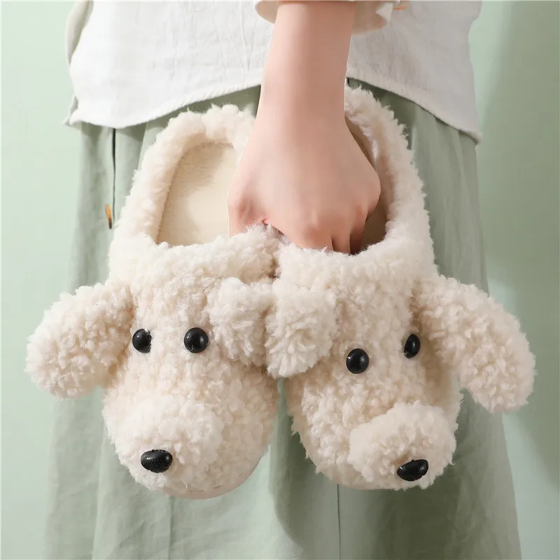 Gent Lady Autumn Winter Non-Slip Cartoon Teddy Dog Cotton Slippers Thick-Soled Soft Indoor Slippers Women Men Warm Mules Couples
