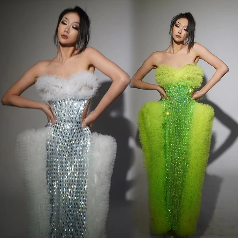 

Women Sexy Sequin Lace Diamond Nightclub Dj Bar Singer Dress Green Silver Evening Dress Jazz Performance Stage Outfits DN20203
