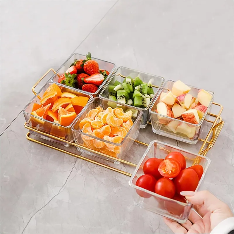 

6 Clear Glass Bowls Set with Gold Metal Rack, Condiment Dishes Serving Bowls Buffet Server Food Display Relish Tray for Fruit