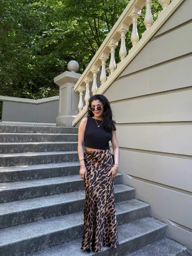 Gonna lunga stampata leopardata retrò moda donna gonne a coda di pesce sottili pieghettate a vita alta 2026 Lady Holiday Street Chic Wear Nuovo