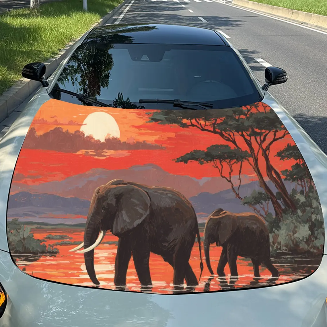

Striking Elephants in African Sunset PVC Car Engine Hood Vinyl Wraps, Self-Adhesive Waterproof Car Hood Decal Sticker, Car Decor