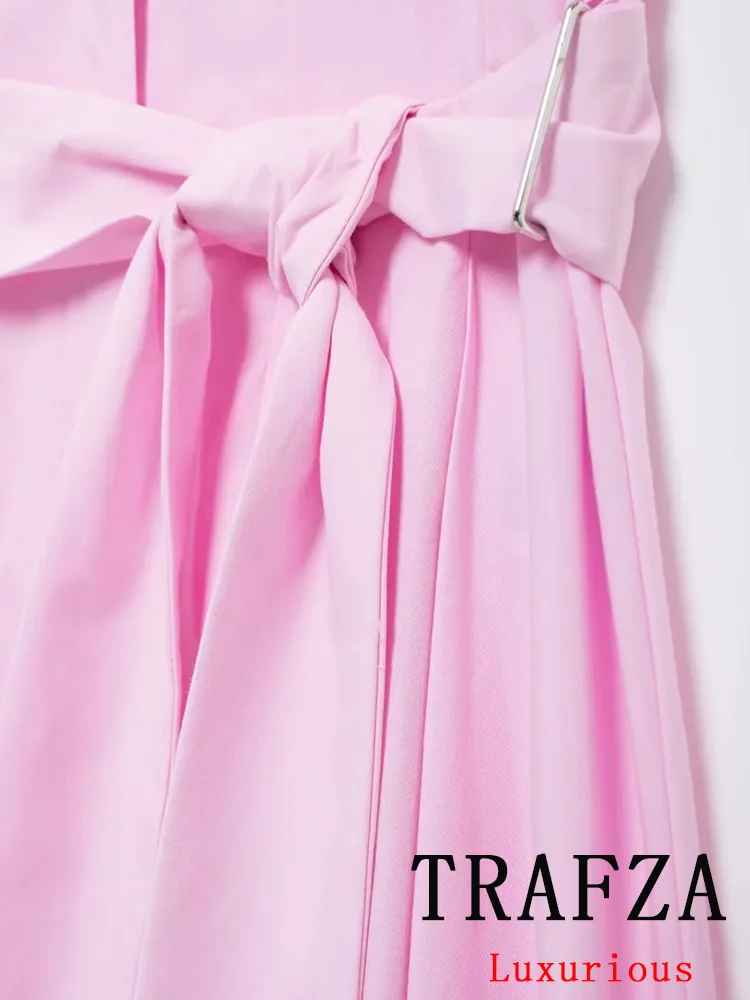 TRAFZA Vintage Chic Pink Women Dress Solid Belt Short Sleeve V Neck Long Straight Shirt Dress Fashion 2024 Autumn Dress