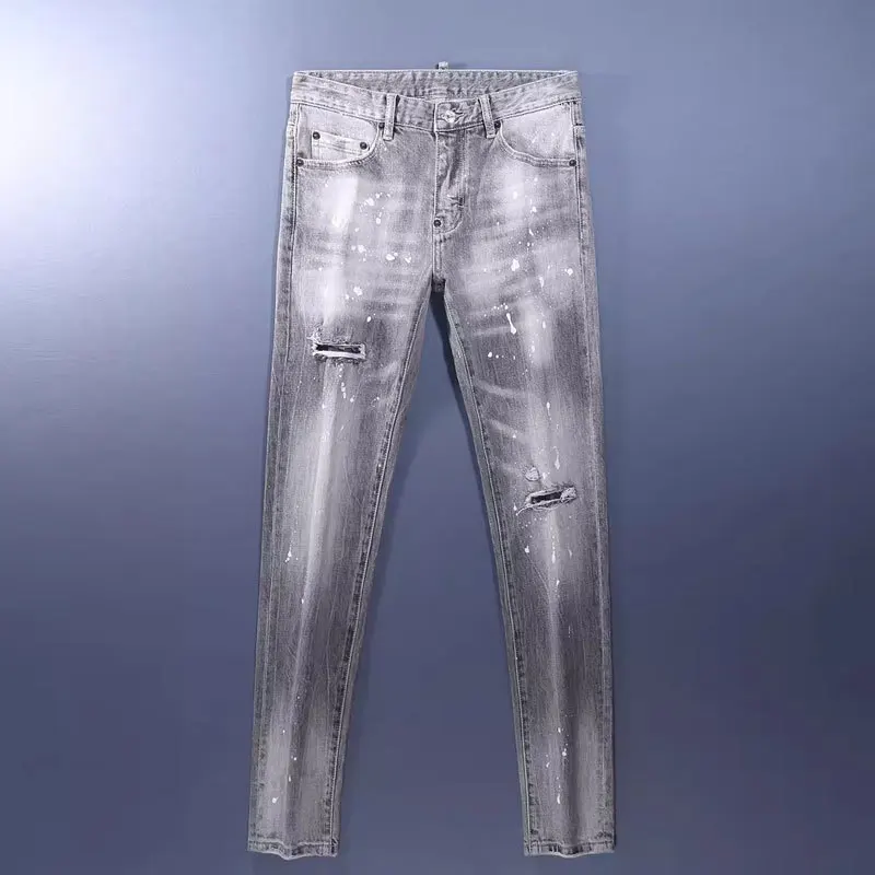 

Street Fashion Men'S Jeans With Distressed Holes, Gray Washed Paint Patch Skinny Pants