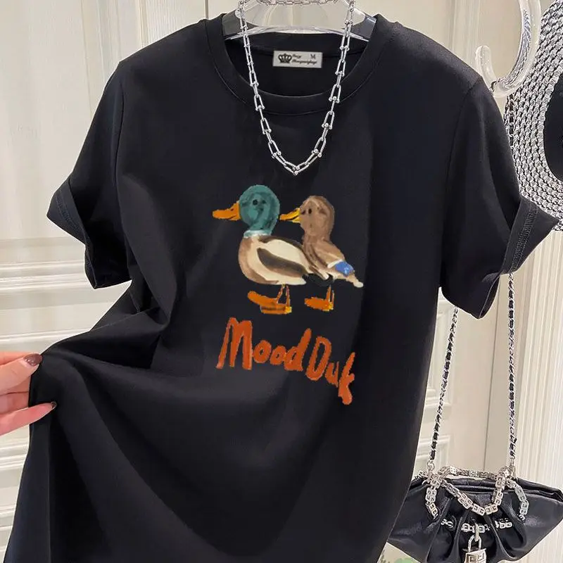 夏の漫画アヒル Tシャツ純粋な綿カジュアル基本ヴィンテージトップス女性服 O ネック半袖ファッションプリントプルオーバー