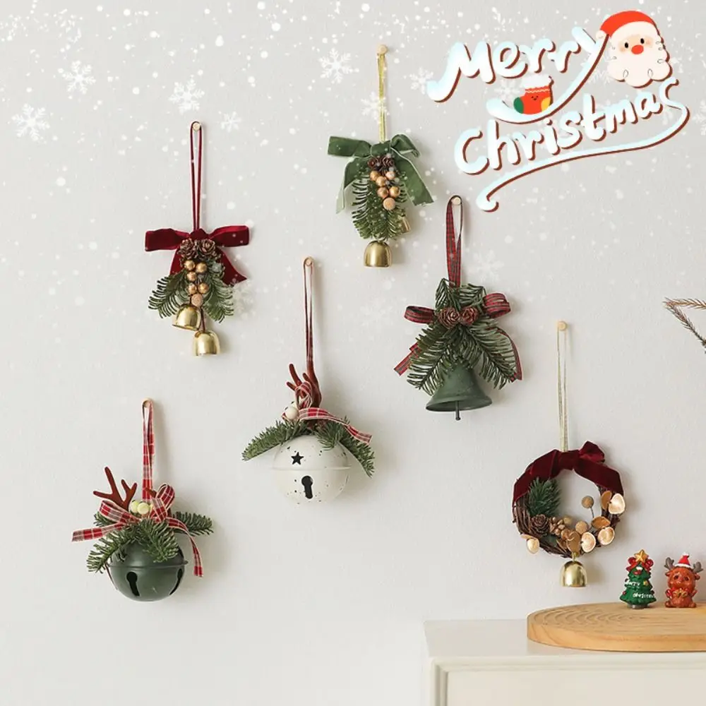 

Red Christmas Velvet Bow Bell Wreath Green Christmas Chime Bell Metal Hanging Pine Cone Bell Pendant Home Door Decorations