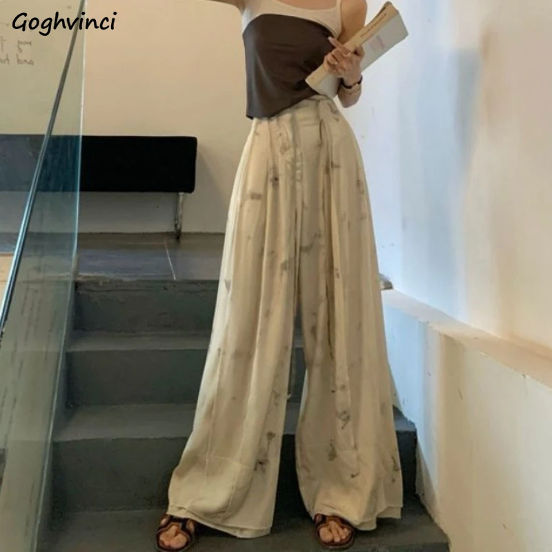 Pants Women Ink Design Drape High Wasit Loose Fit All-match Wide-leg Floor-length Vintage Temper Casual Trousers Spring Chic