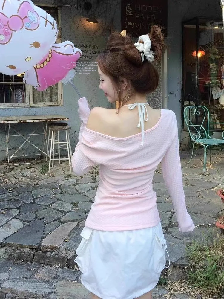 الحلو الوردي النقي طويل Sve Ne شنقا تي شيرت المرأة الربيع الصيف تصميم الإحساس oulder كلمة واحدة ضئيلة ort الأعلى #4