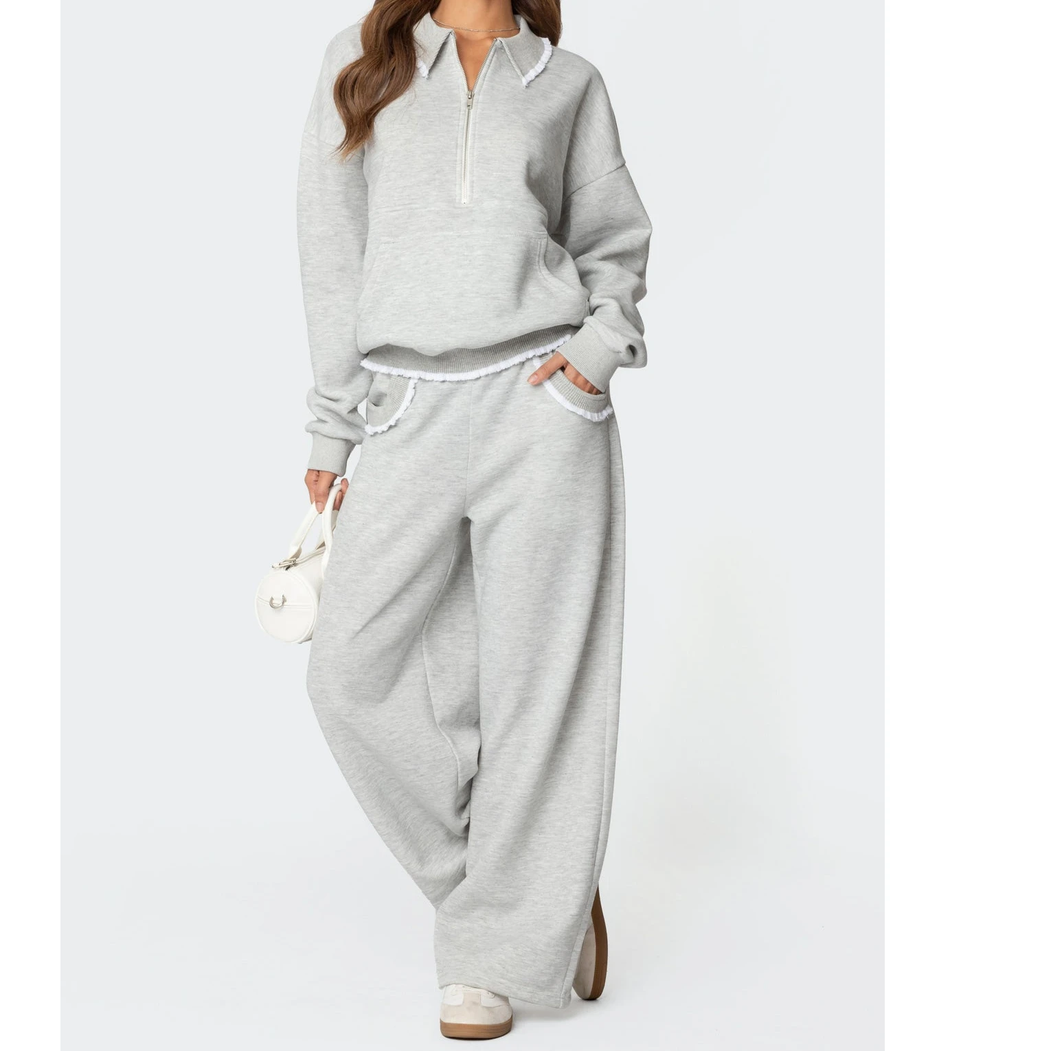 

Осенняя коллекция 2025, женский свободный комплект с рюшами и кружевной лоскутной каймой на молнии с длинными рукавами и брюками