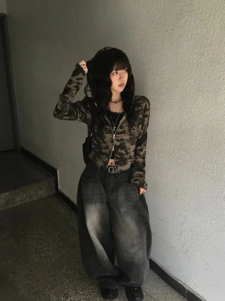 American Sweet Camouflage Sweatshirt Double Zipper Jackets Fashion Vintage Short Cardigan Coat Women Punk New Y2k Streetwear