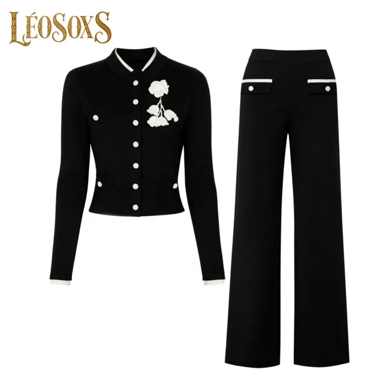 

LEOSOXS Женский вязаный комплект из двух предметов с цветочным принтом и пуговицами спереди, широкие брюки для повседневной носки и наряд на выходные