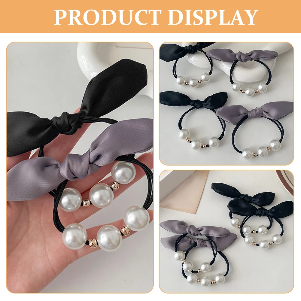 

4 Pcs Hair Ties Elastic Pearl Bow Scrunchies Black Grey Lightweight Durable Styling Accessories Women Toddler Girls