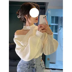 Cropped Halter Sweater Women Korean Black Sexy Off Shoulder Knitted Pullovers Winter Ladies Elegant Knitwear Fashion Jumpers New