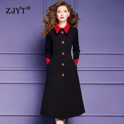 ZJYT Luxury Beading Hit Color Black Dresses for Women 2024 Autumn Winter Elegant Single Breasted Buttons Midi Dress Plus Size