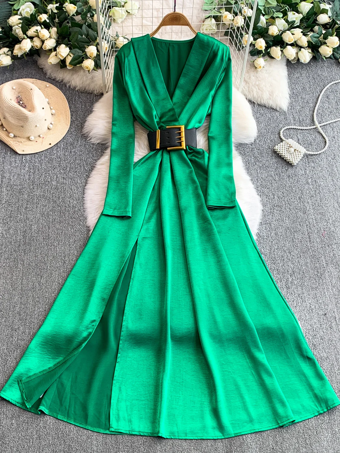 

Ele Длинная атласная V-Ne Dr Женская осенне-зимняя юбка трапециевидной формы с высокой талией и антипиллингом длиной до пола с разрезом