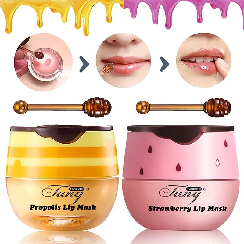 Máscara hidratante labial para dormir, creme de lixívia para manutenção, cuidados nutritivos, descascamento de mel e morango, melhora as linhas dos
