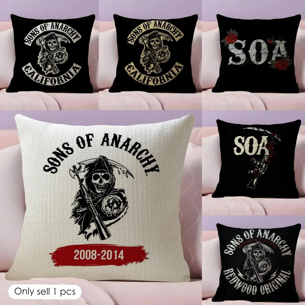 S-Sons of A-Anarchy Cushion Cover Summer Coolness Linen Fabric Double-Sided Printing Pillow Case Sofa Home Decor Gift