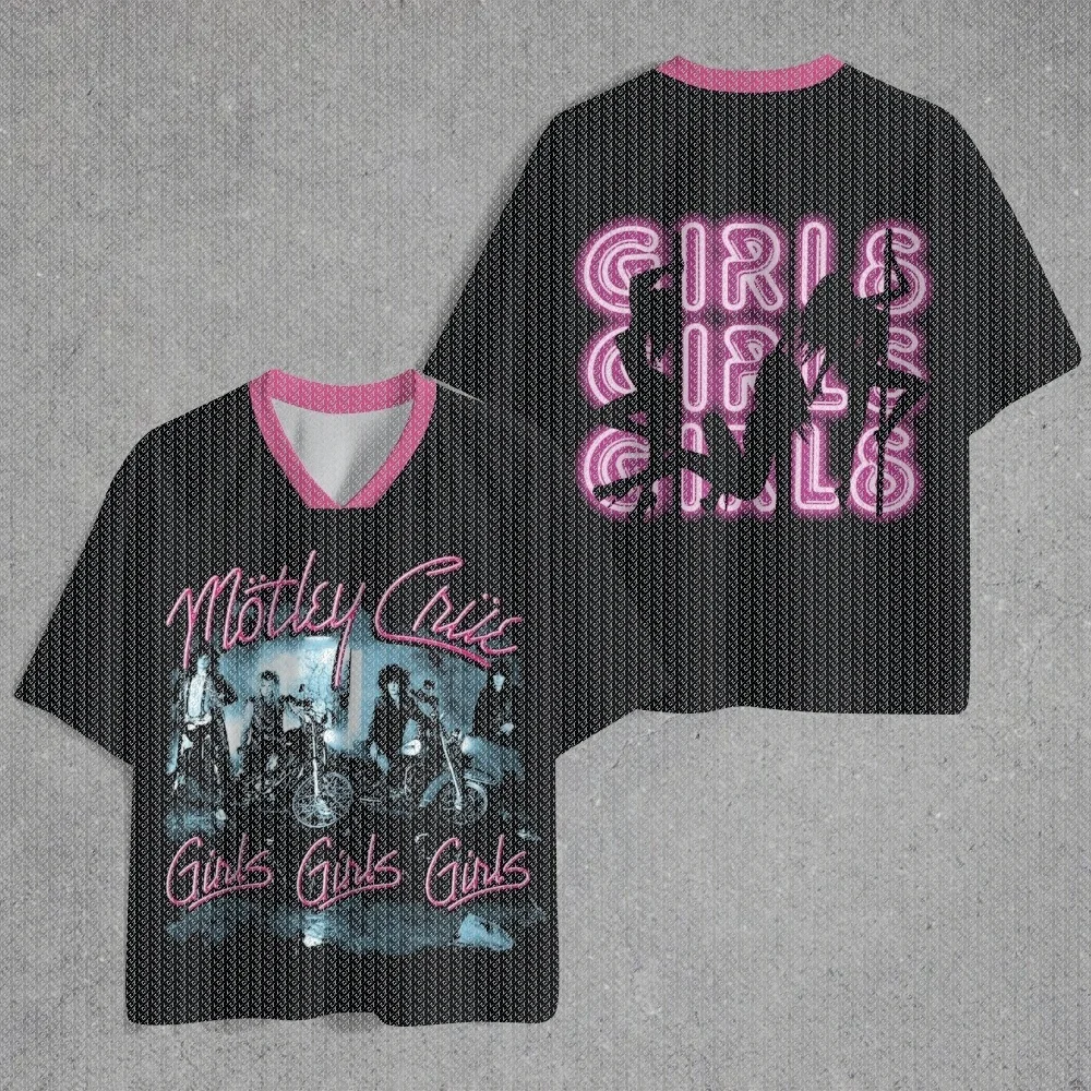 V-neck Sports Shirt Full Print Retro Hard Rock Band Group Motorcycle Pink Neon Letter Pattern Street Football T-shirt
