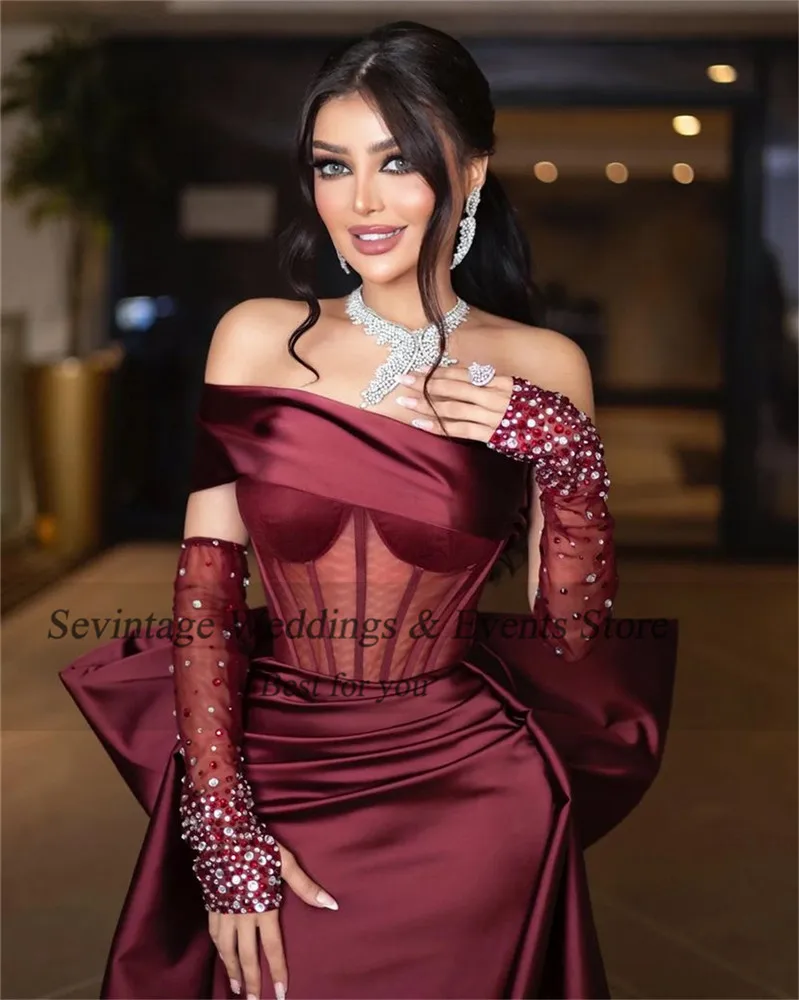 Sevintage Noble Burgundy Saudi Arabic Mermaid Evening Dresses Crystal Bow Formal Women Prom Gowns Special Occasion Dresses 2023