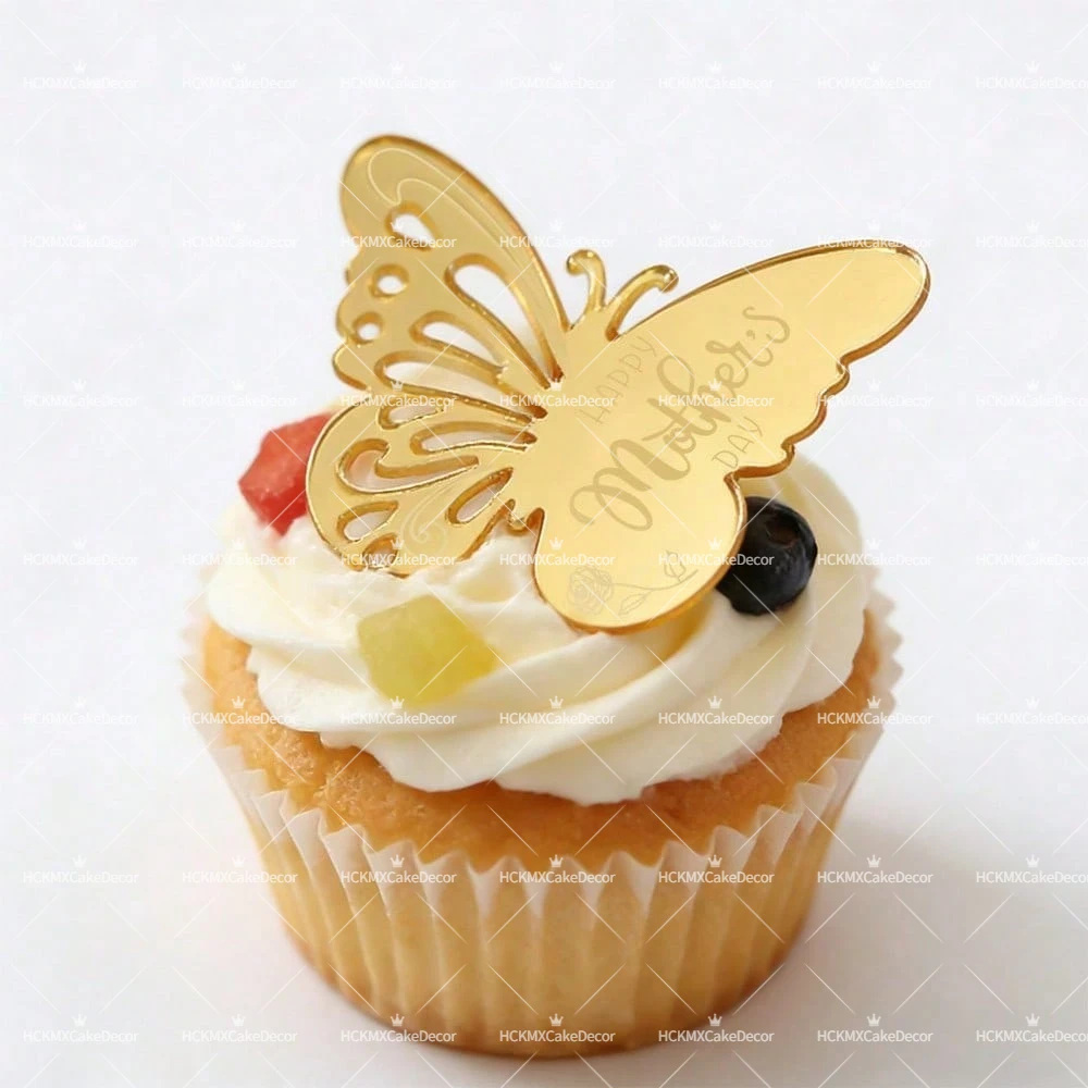 10pcs Happy Mothers Day Cupcake Toppers Gold Acrylic Heart Butterfly Cake Decor for Mothers Day Birthday Party Baking Supplies