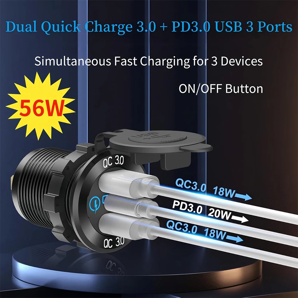 12V USB Outlet Aluminum USB Charger Dual QC3.0 & PD3.0 USB-C Car Multi Port Socket w/ Power Switch for Car Boat RV Marine ATV