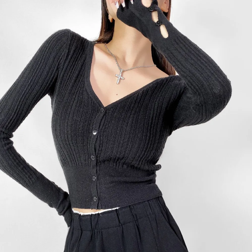 2024 American Retro V neck Button Through Crop Pointelle Knitted Cardigan Hole Cuff Twist Sweater Woman Slim Full Sleeve Jumper