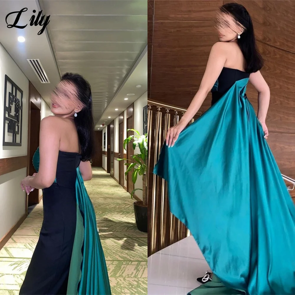 

Lily Peacock Blue and Black Evening Dresses Strapless Sleeveless Satin Formal Occasion Dresses with Dramatic Train Customized