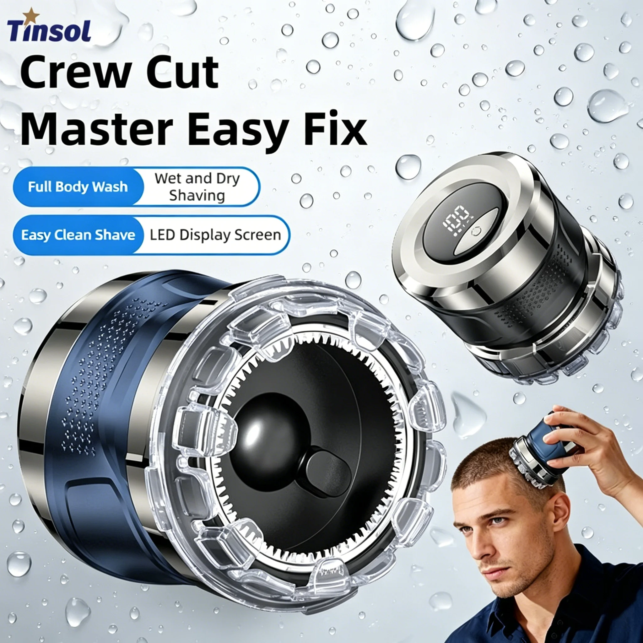 

TINSOL Men's Crew Cut Automatic Hair Clipper, Adjustable Length 5-7-9mm, IPX6 Fully Washable, Digital Display Hair Trimmer