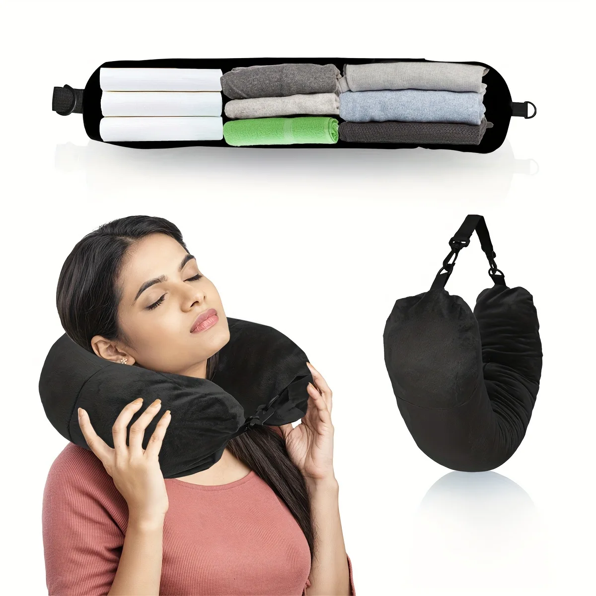 Fillable U Shape Travel Neck Pillow Case Stuff Clothes Portable Car Airplane Pillow Cover With Adjustable Strap Car Accessories