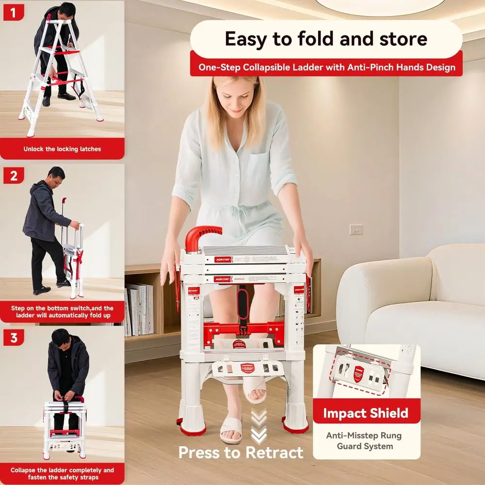Drabina teleskopowa, składany stołek schodkowy 107 cm z blokadą bezpieczeństwa, składana drabina aluminiowa, wytrzymała drabina 4-stopniowa 600l