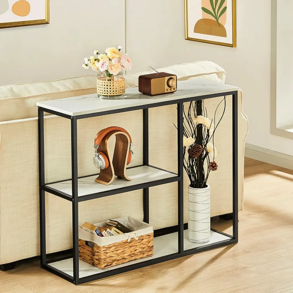 عرض ساخن. طاولة وحدة تحكم من الرخام الضيق مقاس 12 بوصة باللون الأبيض، طاولة أريكة صناعية حديثة مقاس 31.5 بوصة مع أرفف تخزين من 3 طبقات للممر #6