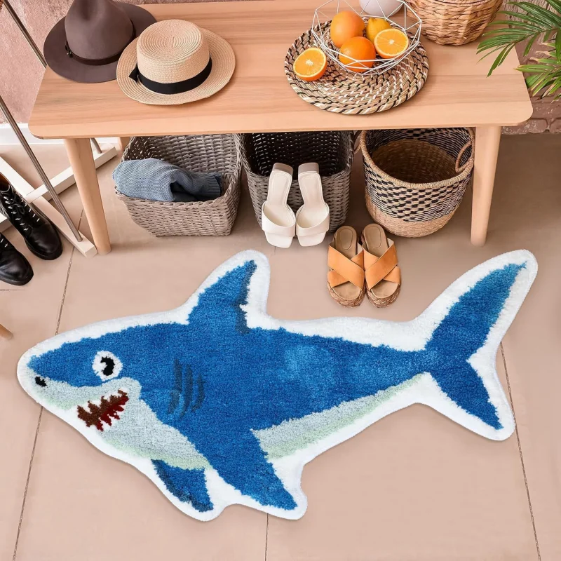 VIKAMA Cartoon Shark Plush Rug, Shaped, Absorbent and Non-Slip Bathroom Mat, Bedroom Bedside Rug, Home Decoration